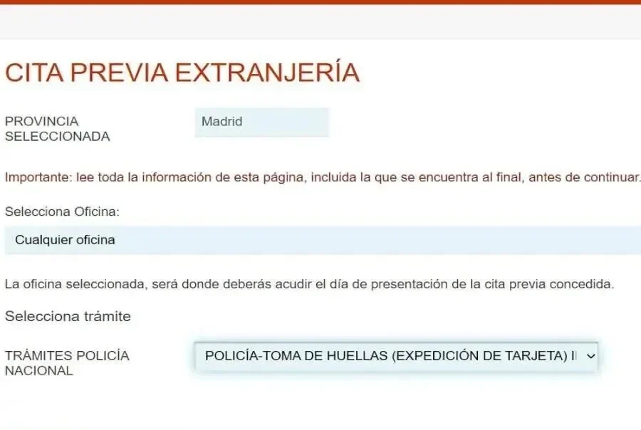 Pantalla de cita previa de extranjería
