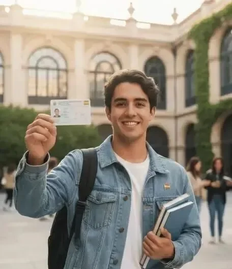 Estudiante mostrando su tarjeta de identidad